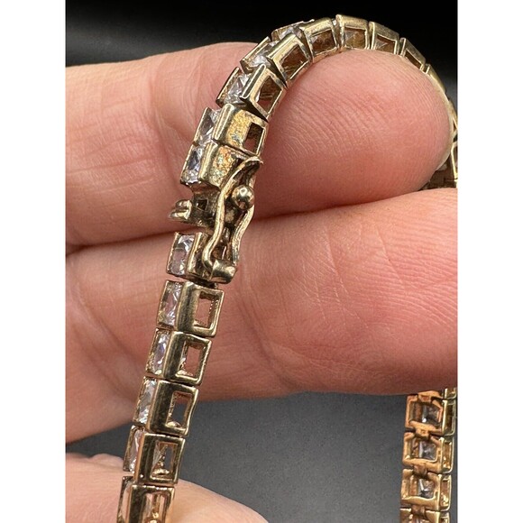 Tennis Bracelet Gold Tone 925 Box Chain Cubic Zirconia Signed R 7 1/2" - Picture 4 of 8